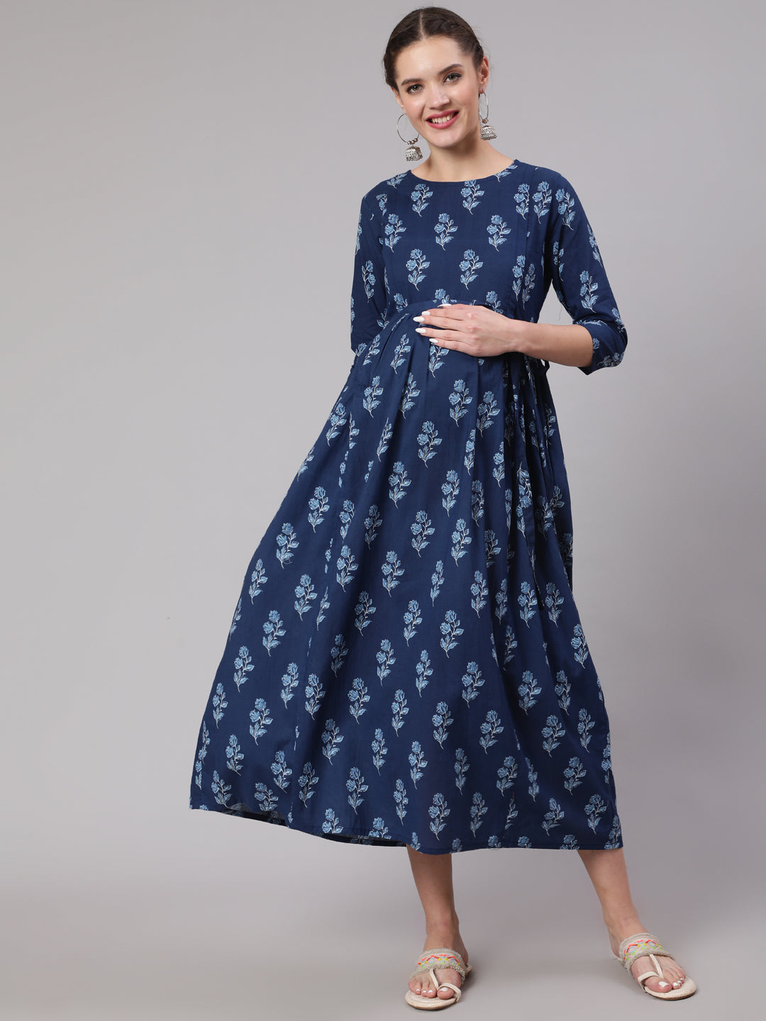 Women Blue Floral Printed Flared Maternity Dress | LASVINI - Redefining Indian Fashion with Elegance