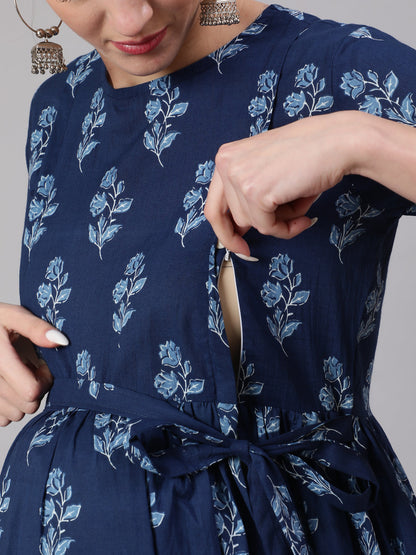 Women Blue Floral Printed Flared Maternity Dress | LASVINI - Redefining Indian Fashion with Elegance