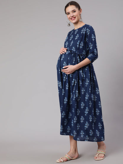 Women Blue Floral Printed Flared Maternity Dress | LASVINI - Redefining Indian Fashion with Elegance