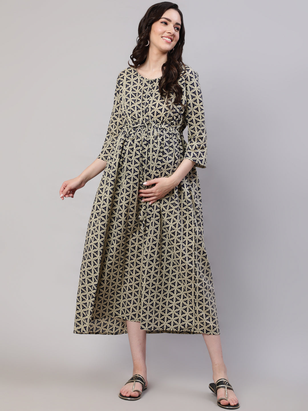 Women Beige Printed Flared Maternity Dress | LASVINI - Redefining Indian Fashion with Elegance