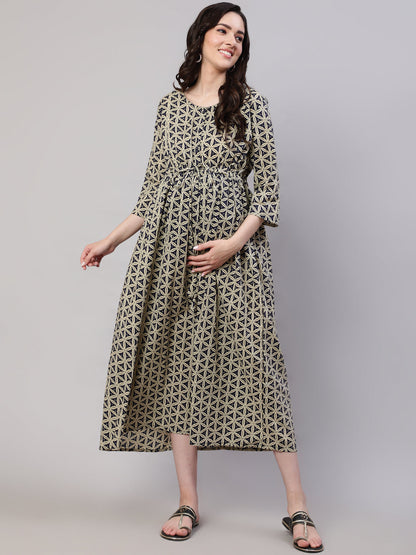 Women Beige Printed Flared Maternity Dress | LASVINI - Redefining Indian Fashion with Elegance