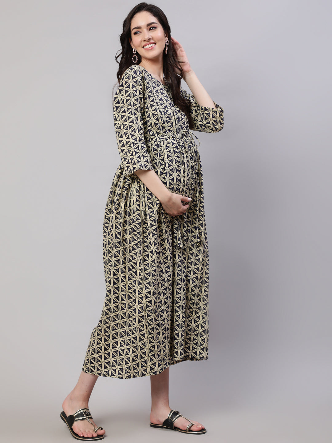 Women Beige Printed Flared Maternity Dress | LASVINI - Redefining Indian Fashion with Elegance