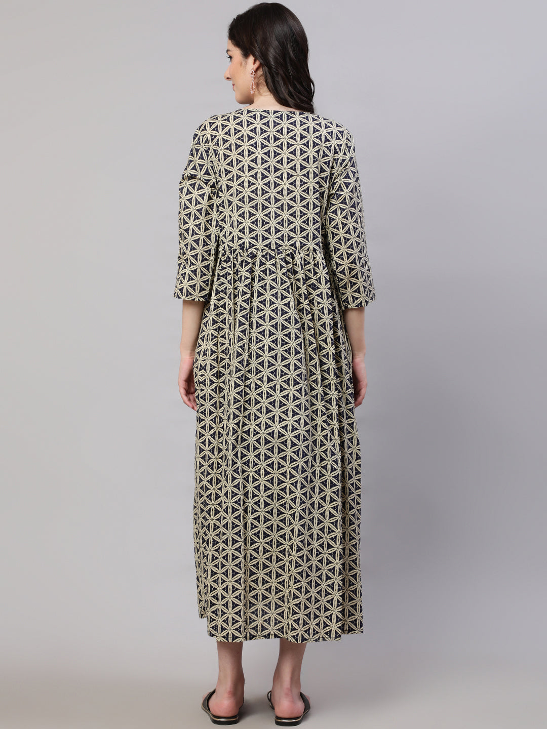 Women Beige Printed Flared Maternity Dress | LASVINI - Redefining Indian Fashion with Elegance
