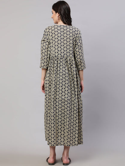 Women Beige Printed Flared Maternity Dress | LASVINI - Redefining Indian Fashion with Elegance