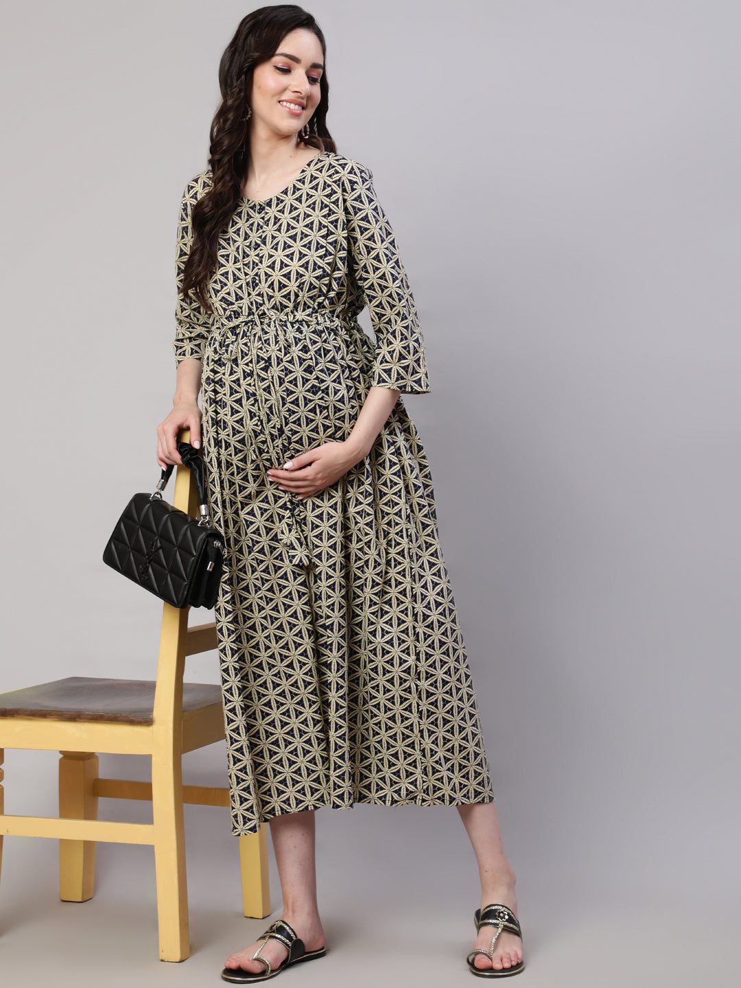 Women Beige Printed Flared Maternity Dress | LASVINI - Redefining Indian Fashion with Elegance