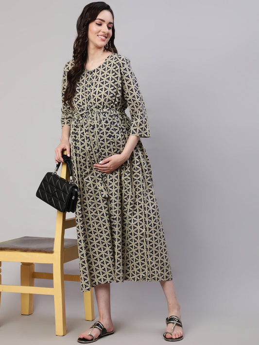 Women Beige Printed Flared Maternity Dress | LASVINI - Redefining Indian Fashion with Elegance
