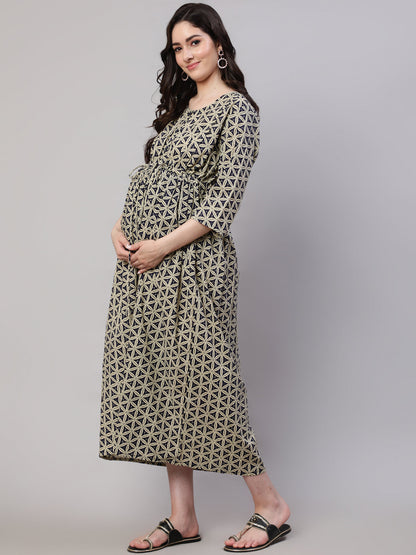 Women Beige Printed Flared Maternity Dress | LASVINI - Redefining Indian Fashion with Elegance