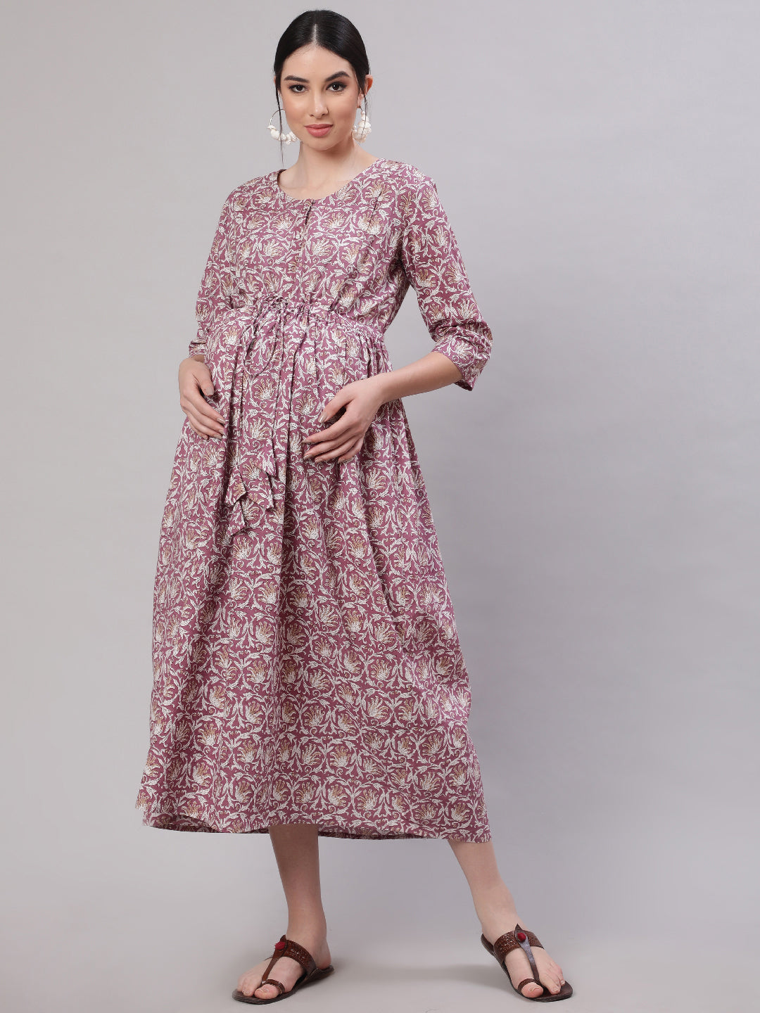 Women Lavender Printed Flared Maternity Dress | LASVINI - Redefining Indian Fashion with Elegance