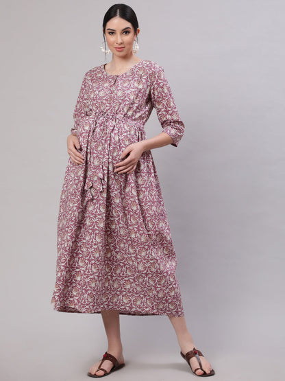 Women Lavender Printed Flared Maternity Dress | LASVINI - Redefining Indian Fashion with Elegance