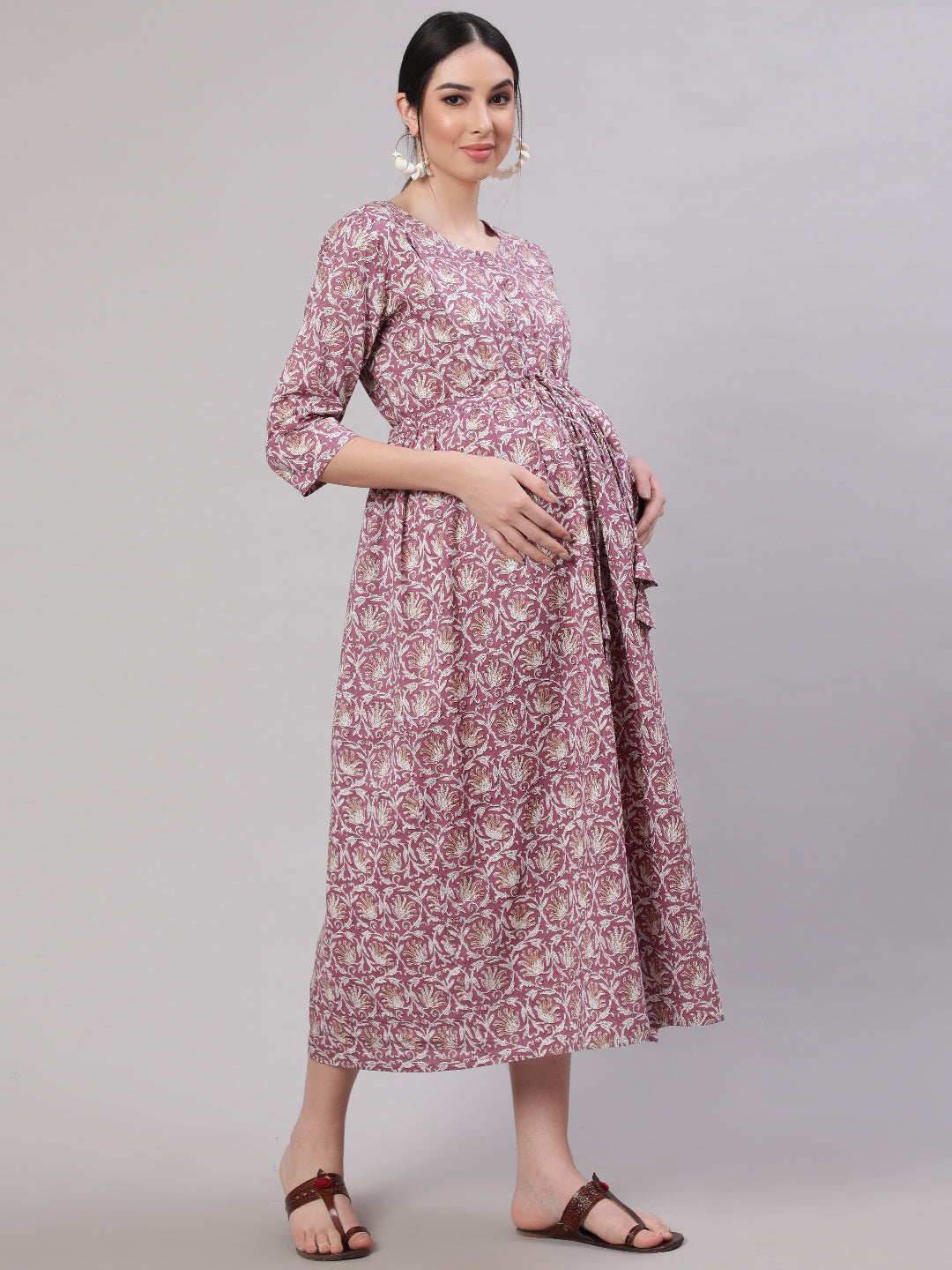 Women Lavender Printed Flared Maternity Dress | LASVINI - Redefining Indian Fashion with Elegance