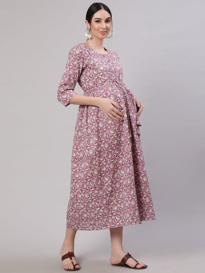 Women Lavender Printed Flared Maternity Dress | LASVINI - Redefining Indian Fashion with Elegance