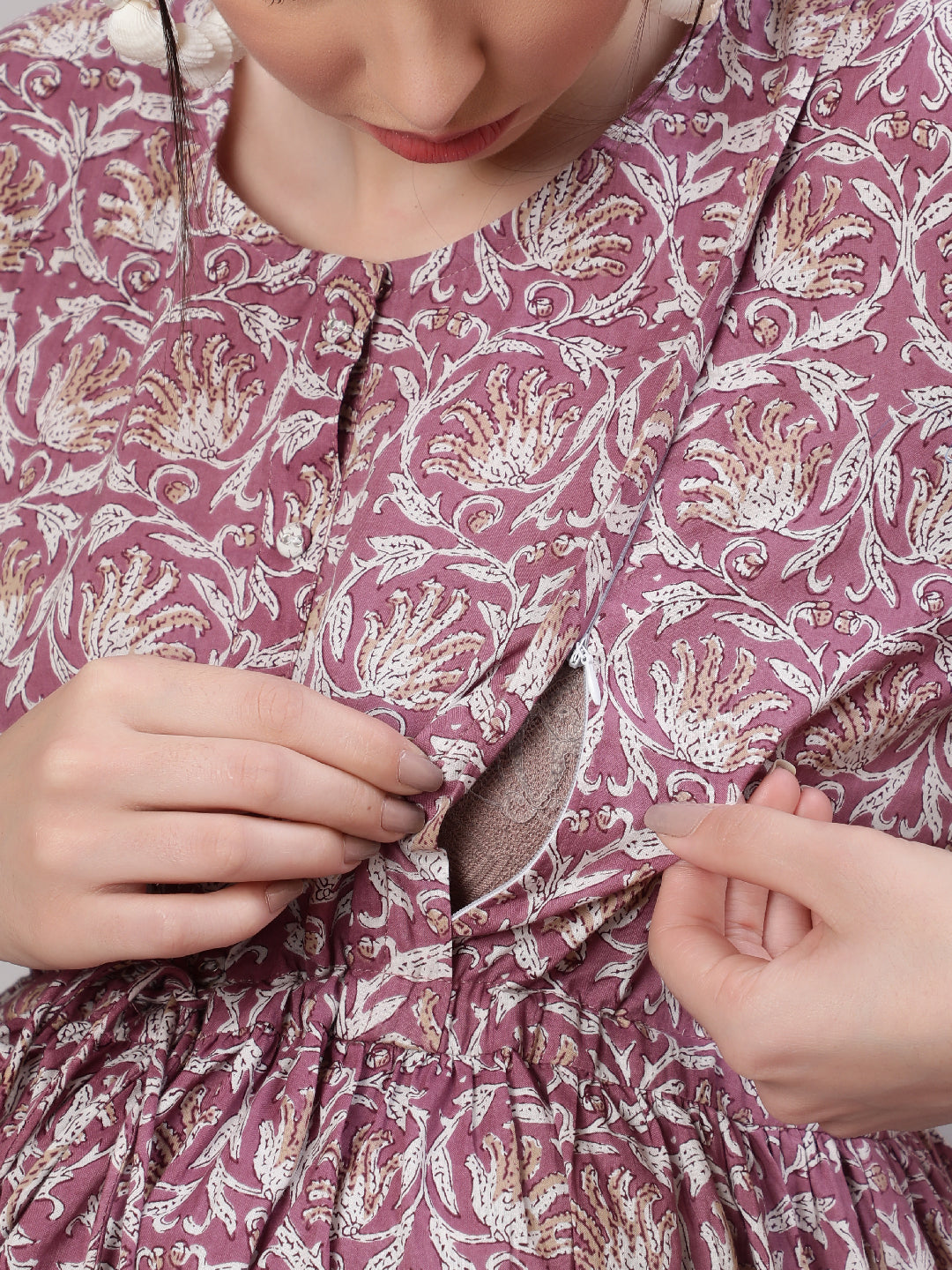 Women Lavender Printed Flared Maternity Dress | LASVINI - Redefining Indian Fashion with Elegance