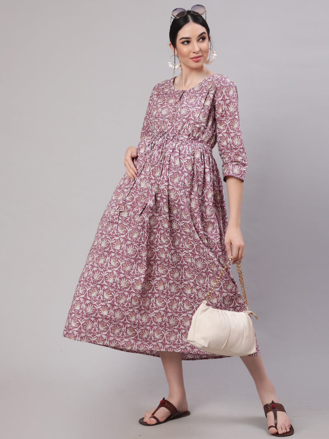 Women Lavender Printed Flared Maternity Dress | LASVINI - Redefining Indian Fashion with Elegance