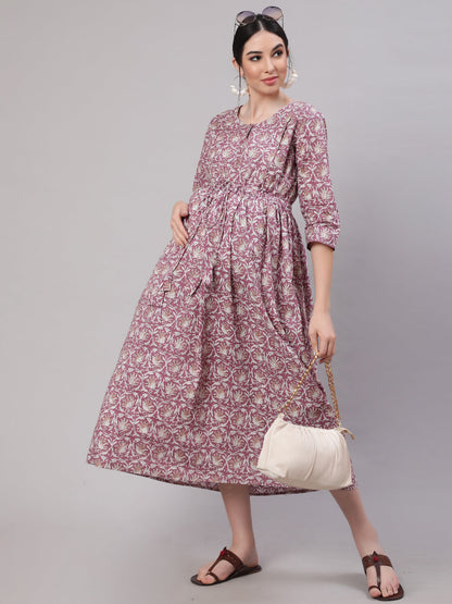 Women Lavender Printed Flared Maternity Dress | LASVINI - Redefining Indian Fashion with Elegance