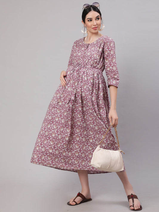 Women Lavender Printed Flared Maternity Dress | LASVINI - Redefining Indian Fashion with Elegance