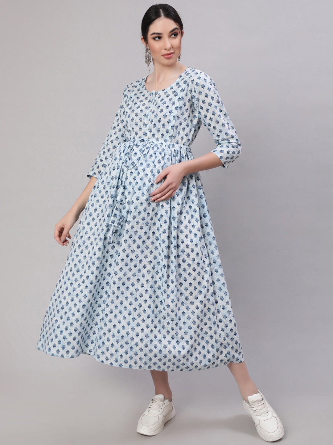 Women Off White & Blue Floral Printed Maternity Dress With Three Quarter Sleeves | LASVINI - Redefining Indian Fashion with Elegance