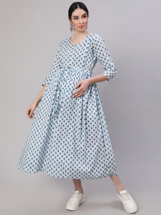 Women Off White & Blue Floral Printed Maternity Dress With Three Quarter Sleeves | LASVINI - Redefining Indian Fashion with Elegance