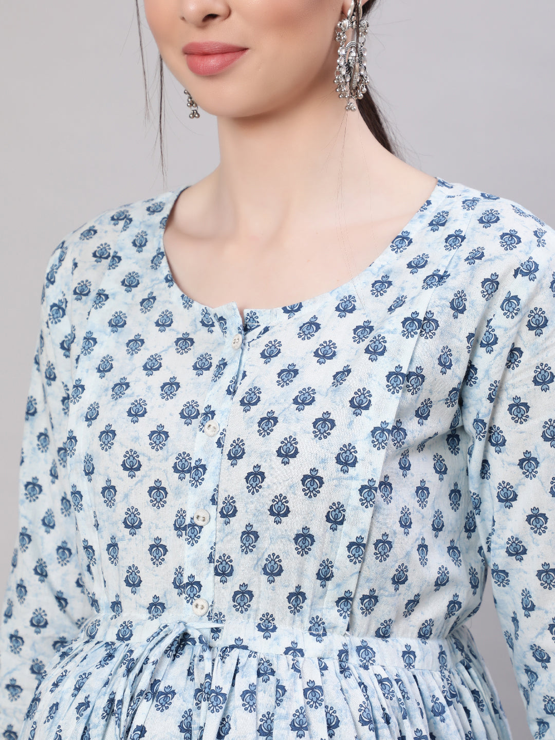 Women Off White & Blue Floral Printed Maternity Dress With Three Quarter Sleeves | LASVINI - Redefining Indian Fashion with Elegance