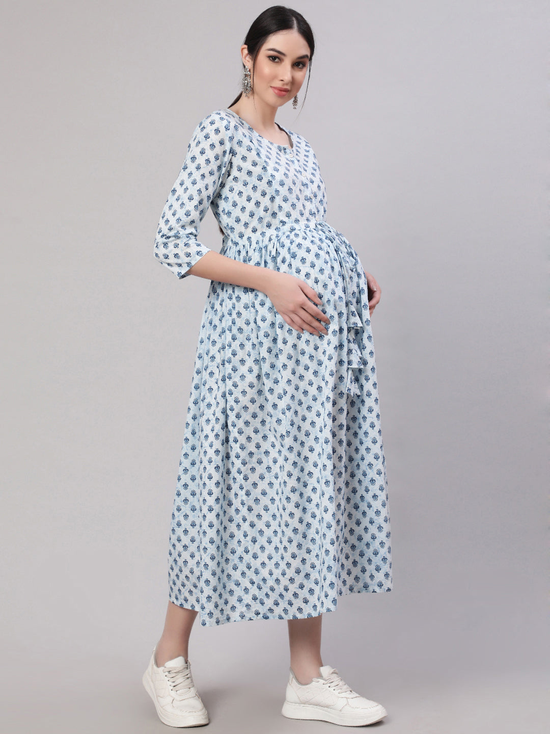 Women Off White & Blue Floral Printed Maternity Dress With Three Quarter Sleeves | LASVINI - Redefining Indian Fashion with Elegance