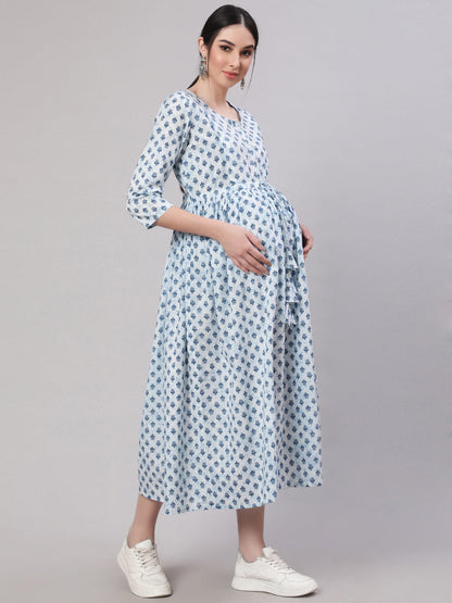 Women Off White & Blue Floral Printed Maternity Dress With Three Quarter Sleeves | LASVINI - Redefining Indian Fashion with Elegance