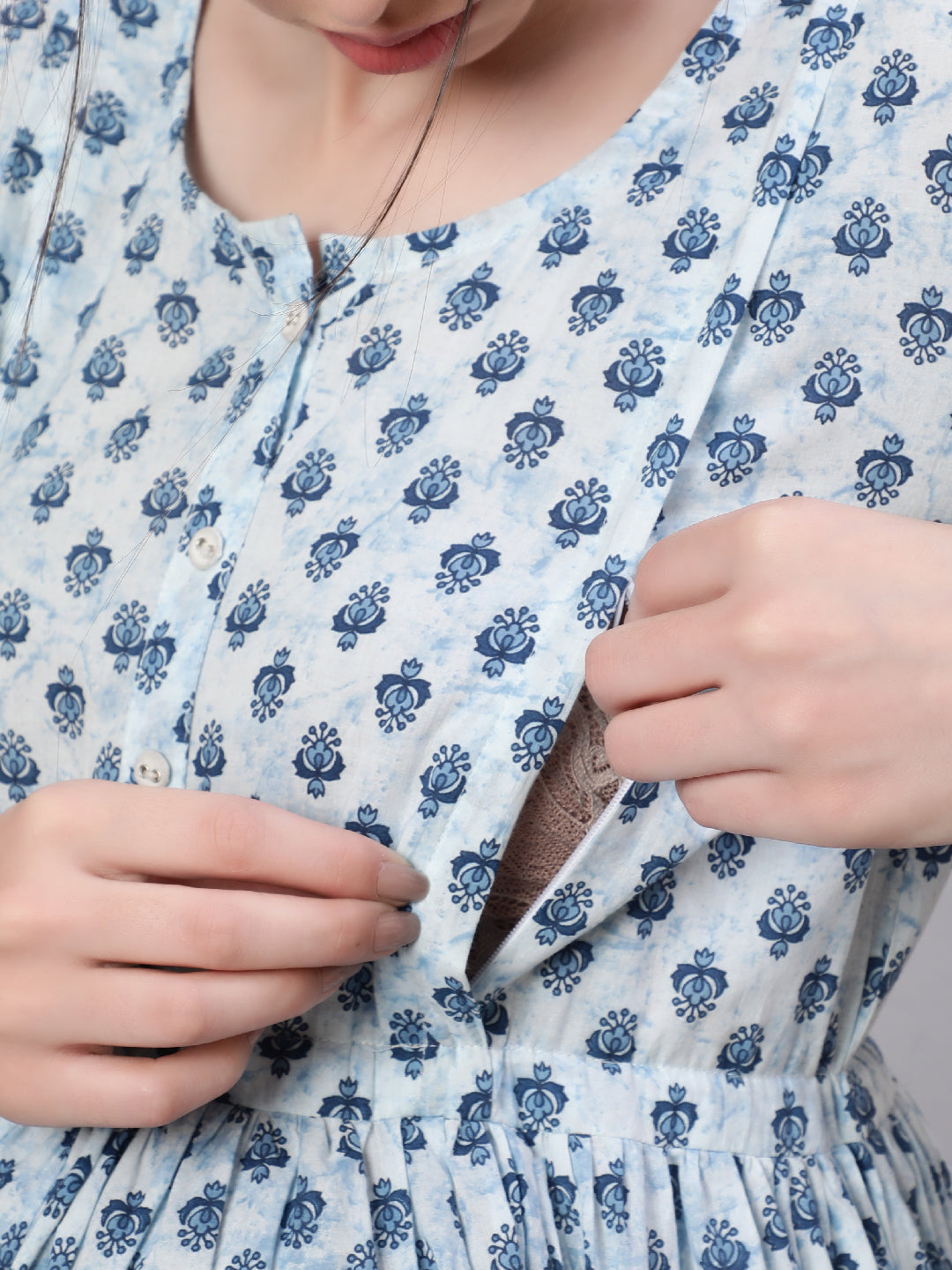 Women Off White & Blue Floral Printed Maternity Dress With Three Quarter Sleeves | LASVINI - Redefining Indian Fashion with Elegance