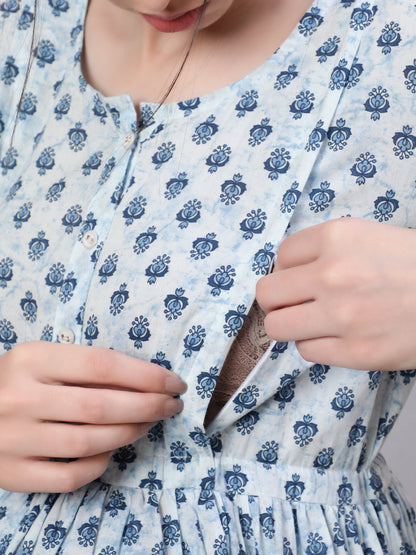 Women Off White & Blue Floral Printed Maternity Dress With Three Quarter Sleeves | LASVINI - Redefining Indian Fashion with Elegance