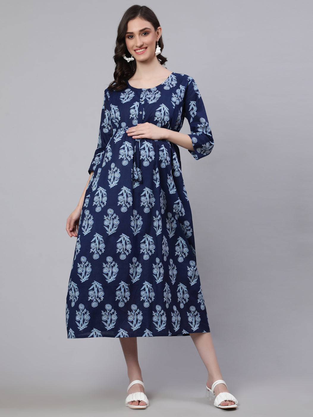 Women Blue Printed Flared Maternity Dress | LASVINI - Redefining Indian Fashion with Elegance