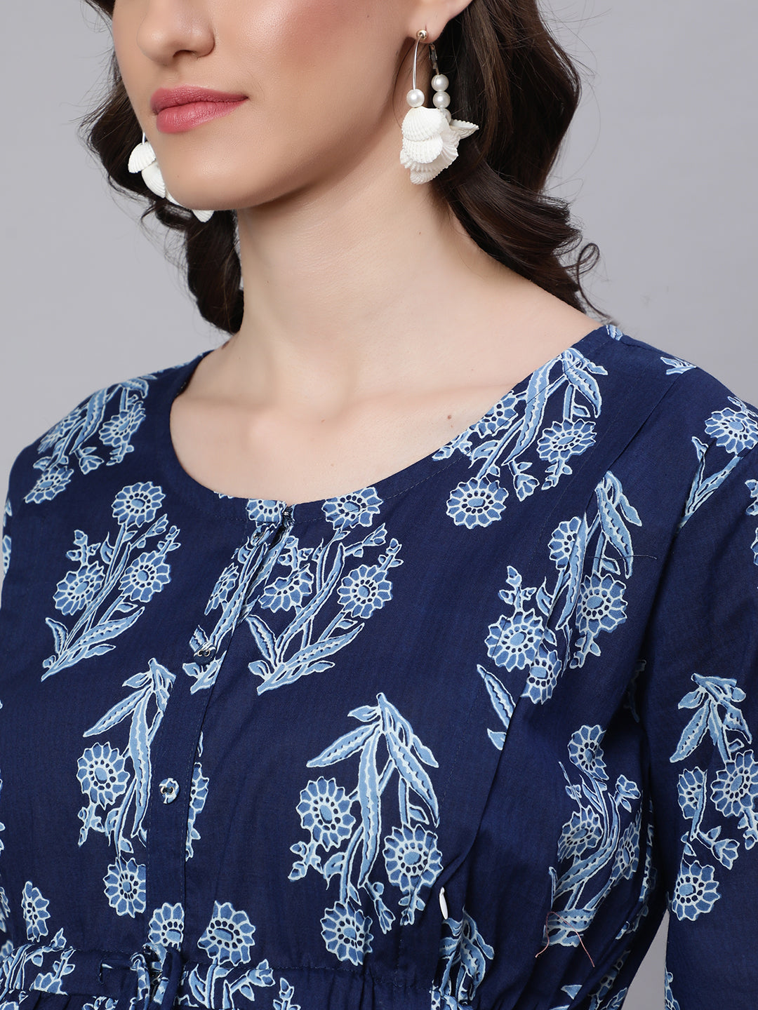 Women Blue Printed Flared Maternity Dress | LASVINI - Redefining Indian Fashion with Elegance