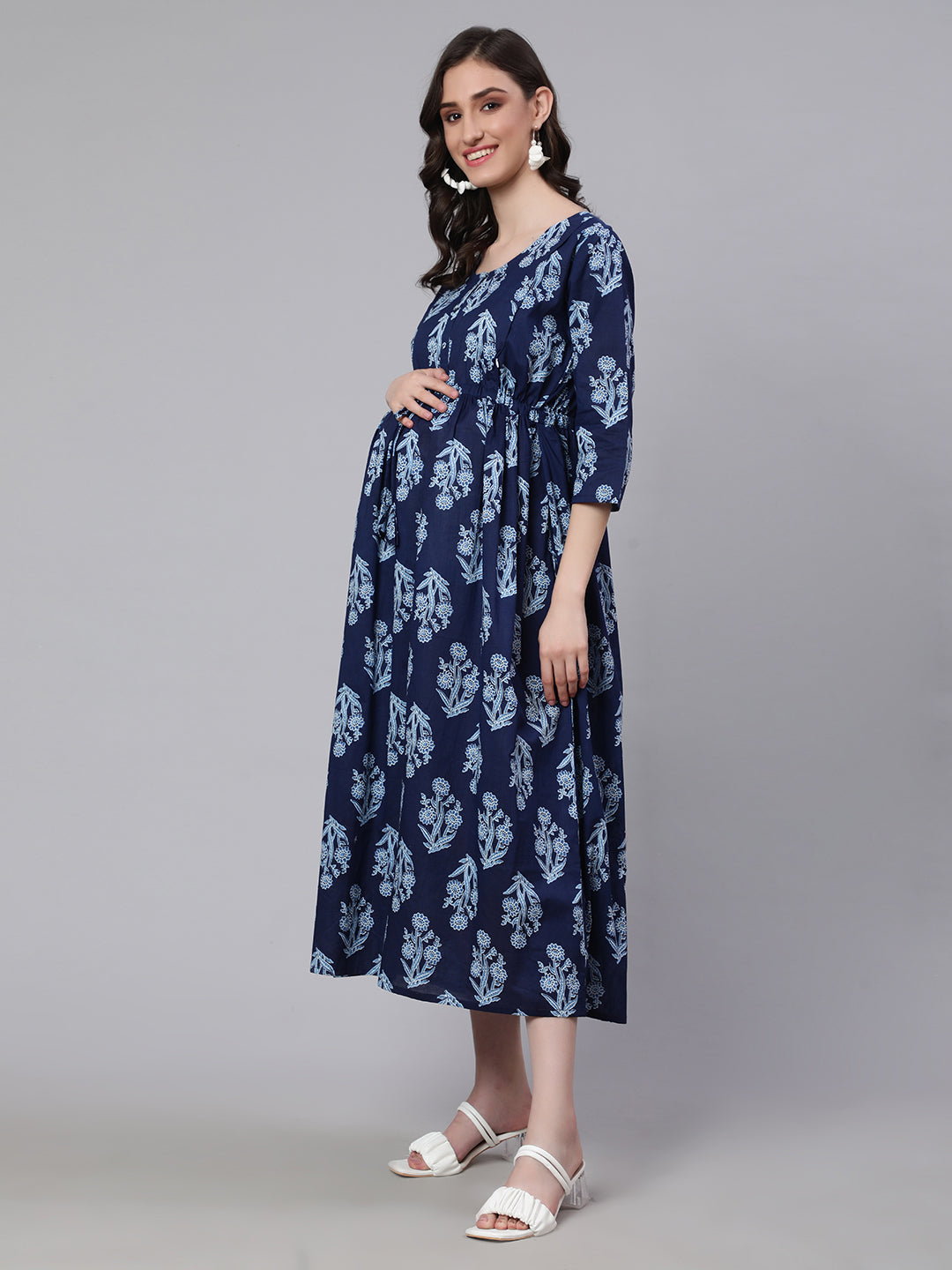 Women Blue Printed Flared Maternity Dress | LASVINI - Redefining Indian Fashion with Elegance