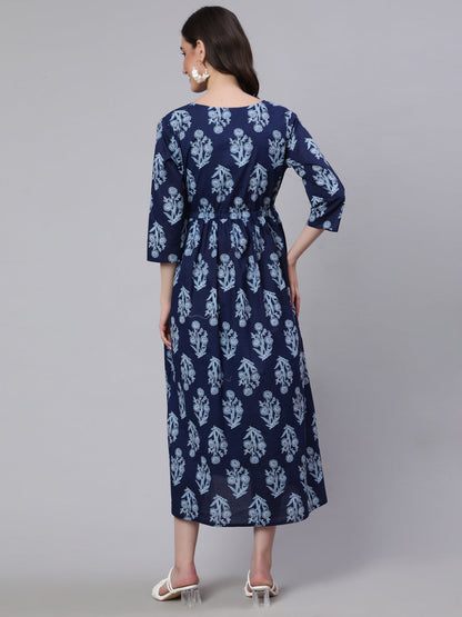 Women Blue Printed Flared Maternity Dress | LASVINI - Redefining Indian Fashion with Elegance