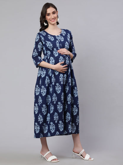 Women Blue Printed Flared Maternity Dress | LASVINI - Redefining Indian Fashion with Elegance
