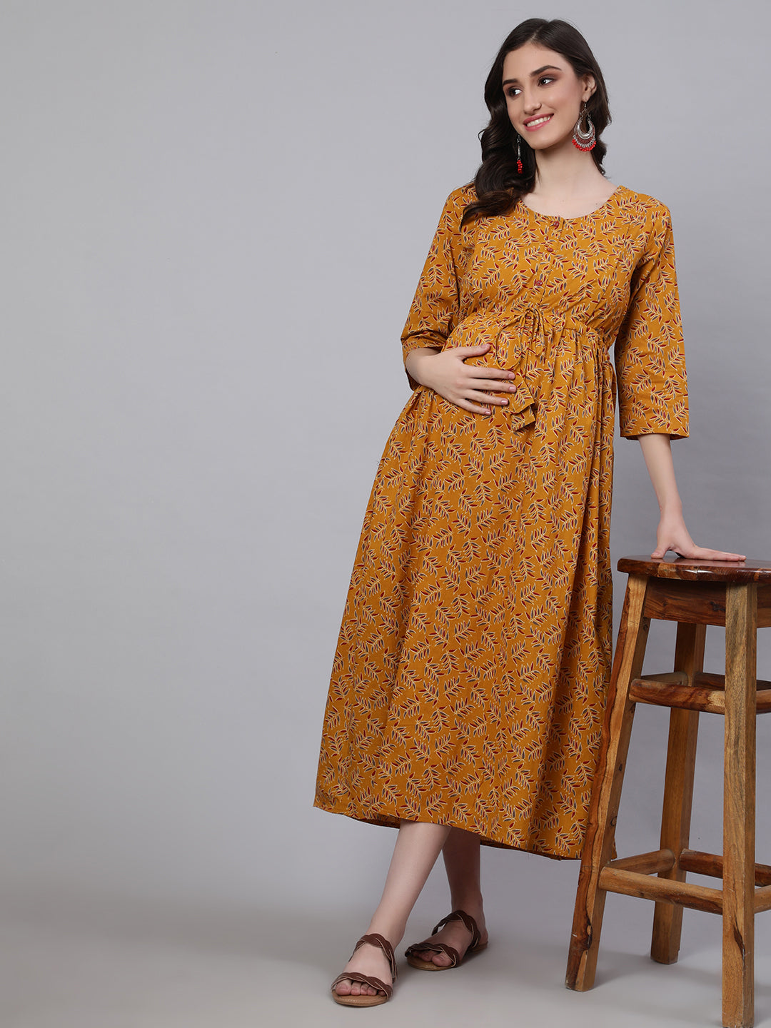 Women Mustard Printed Flared Maternity Dress | LASVINI - Redefining Indian Fashion with Elegance