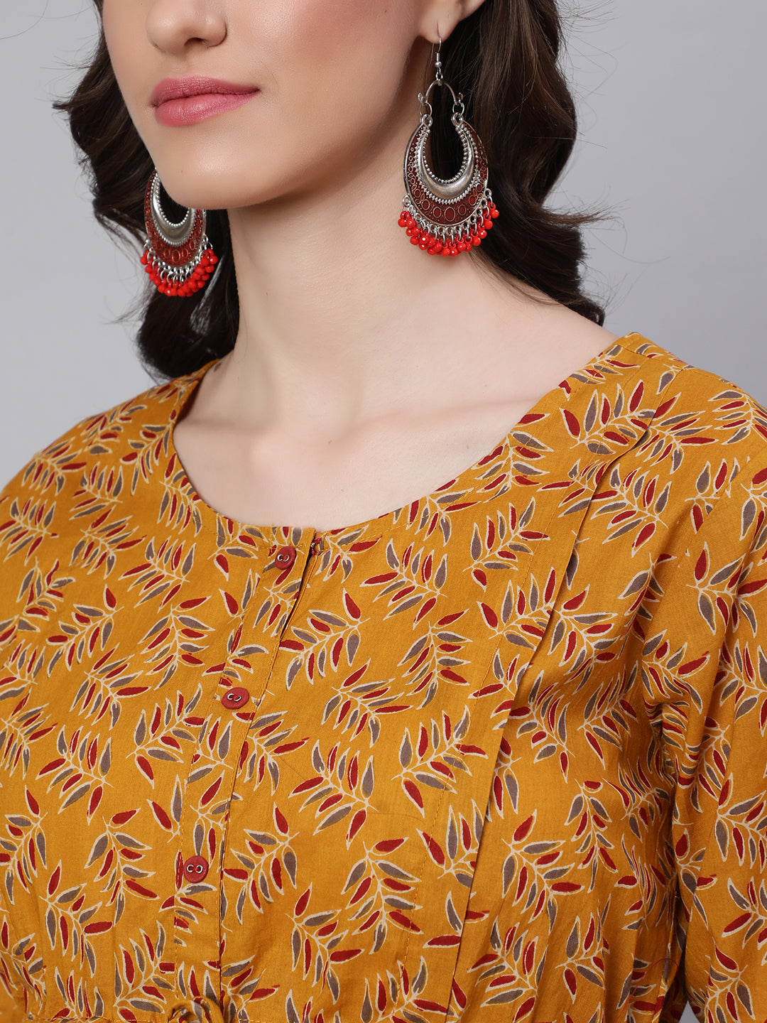 Women Mustard Printed Flared Maternity Dress | LASVINI - Redefining Indian Fashion with Elegance
