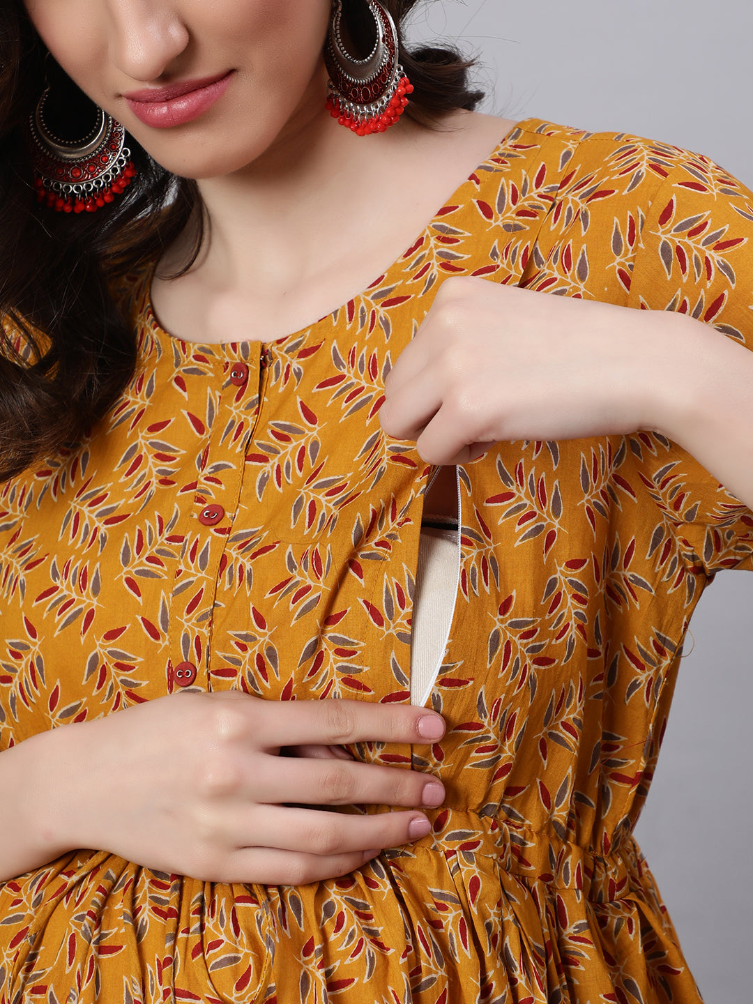 Women Mustard Printed Flared Maternity Dress | LASVINI - Redefining Indian Fashion with Elegance