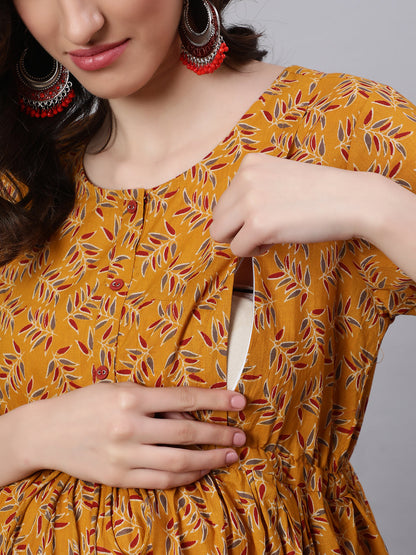 Women Mustard Printed Flared Maternity Dress | LASVINI - Redefining Indian Fashion with Elegance
