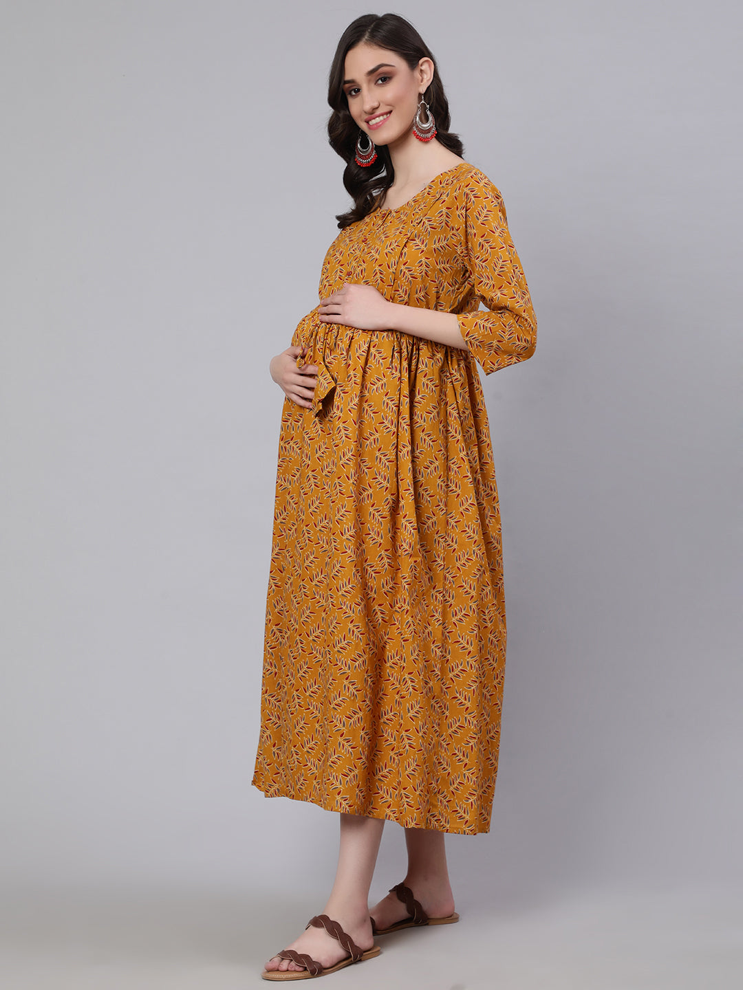 Women Mustard Printed Flared Maternity Dress | LASVINI - Redefining Indian Fashion with Elegance