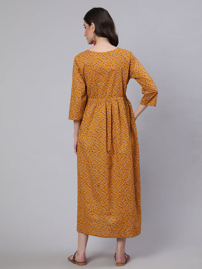 Women Mustard Printed Flared Maternity Dress | LASVINI - Redefining Indian Fashion with Elegance