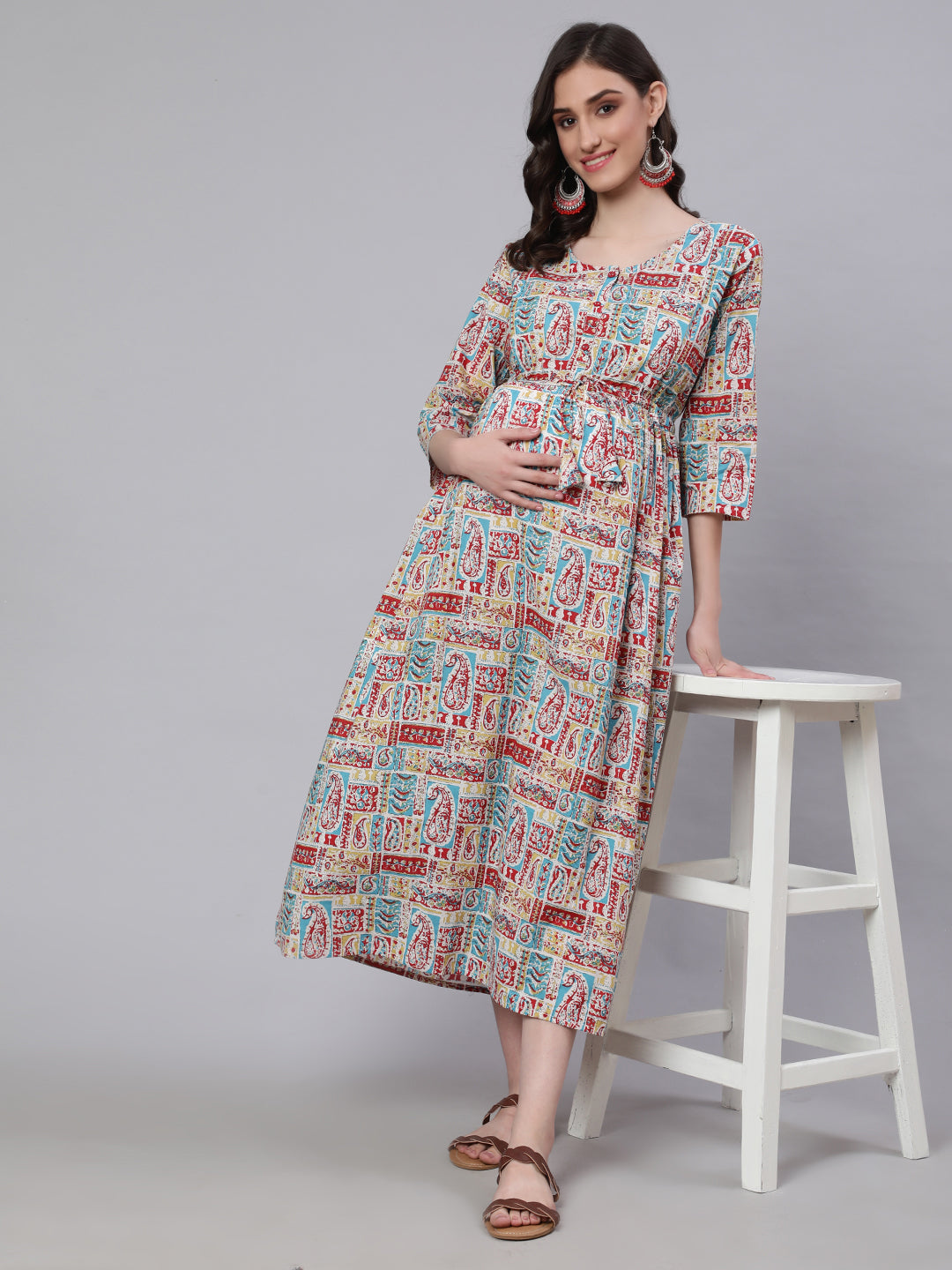 Women Multi Printed Flared Maternity Dress | LASVINI - Redefining Indian Fashion with Elegance