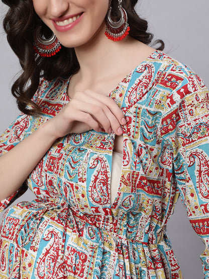 Women Multi Printed Flared Maternity Dress | LASVINI - Redefining Indian Fashion with Elegance