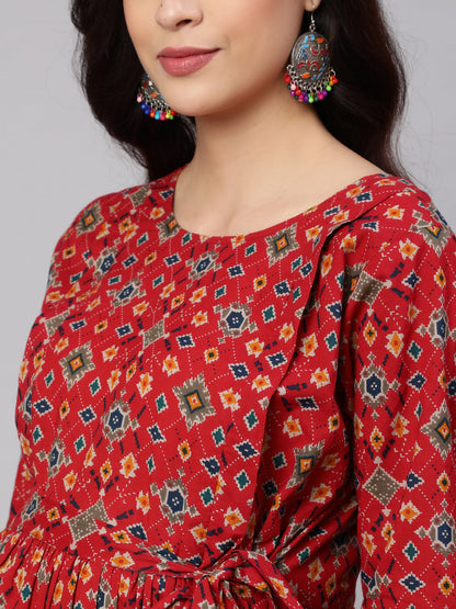 Women Maroon Printed Flared Maternity Dress | LASVINI - Redefining Indian Fashion with Elegance