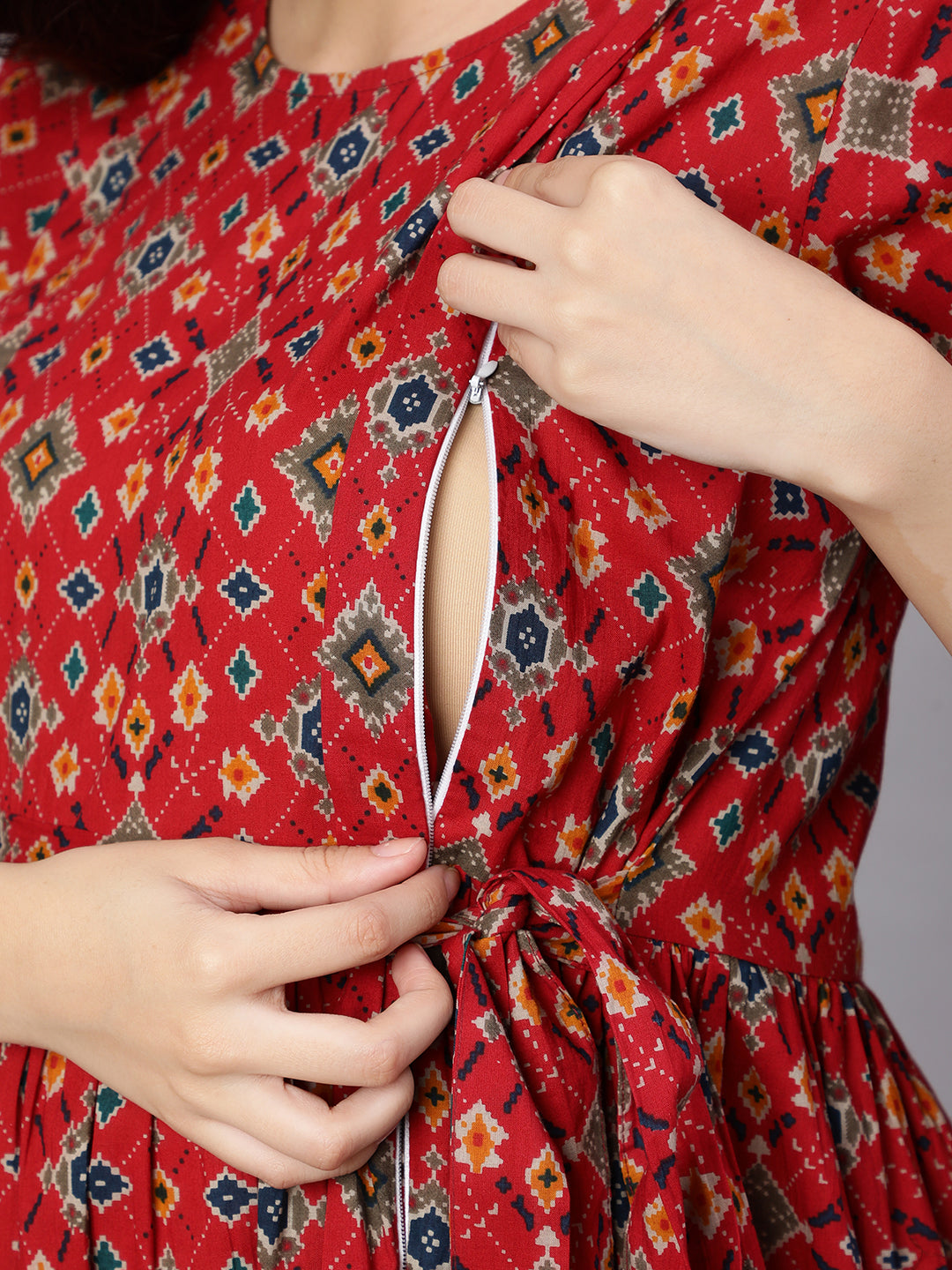 Women Maroon Printed Flared Maternity Dress | LASVINI - Redefining Indian Fashion with Elegance