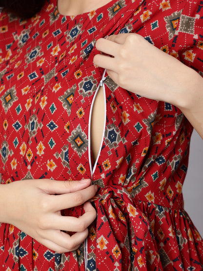 Women Maroon Printed Flared Maternity Dress | LASVINI - Redefining Indian Fashion with Elegance