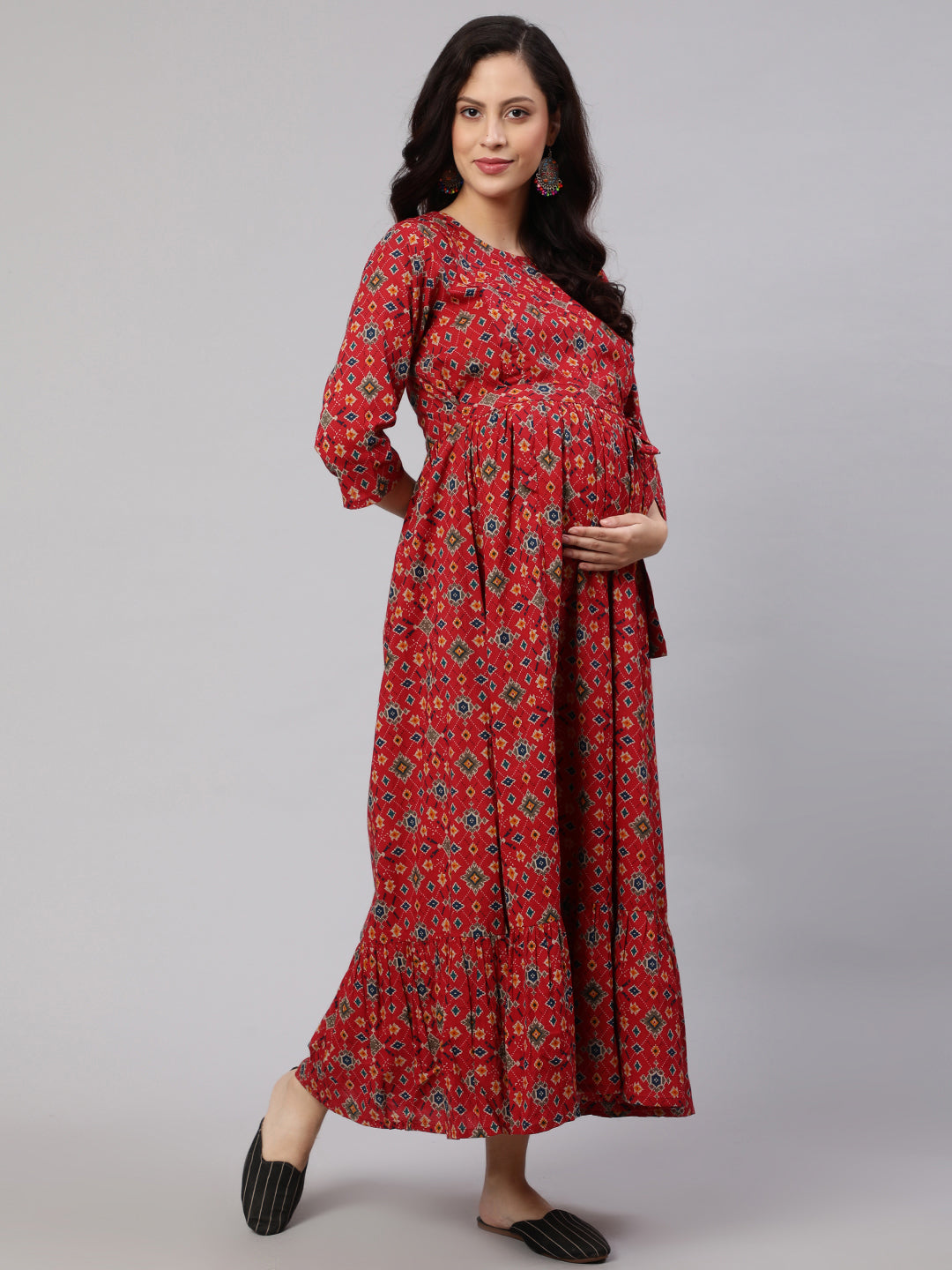 Women Maroon Printed Flared Maternity Dress | LASVINI - Redefining Indian Fashion with Elegance
