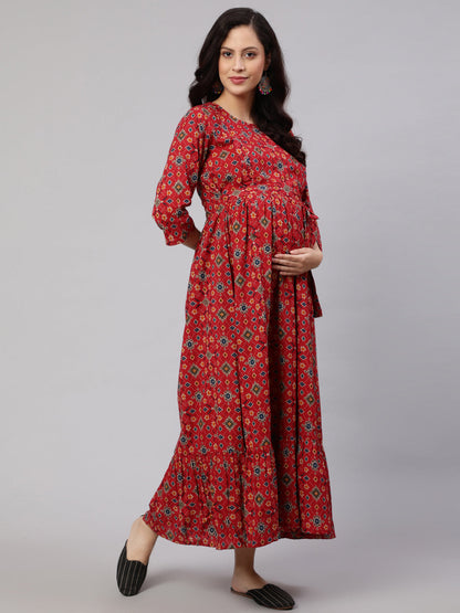 Women Maroon Printed Flared Maternity Dress | LASVINI - Redefining Indian Fashion with Elegance