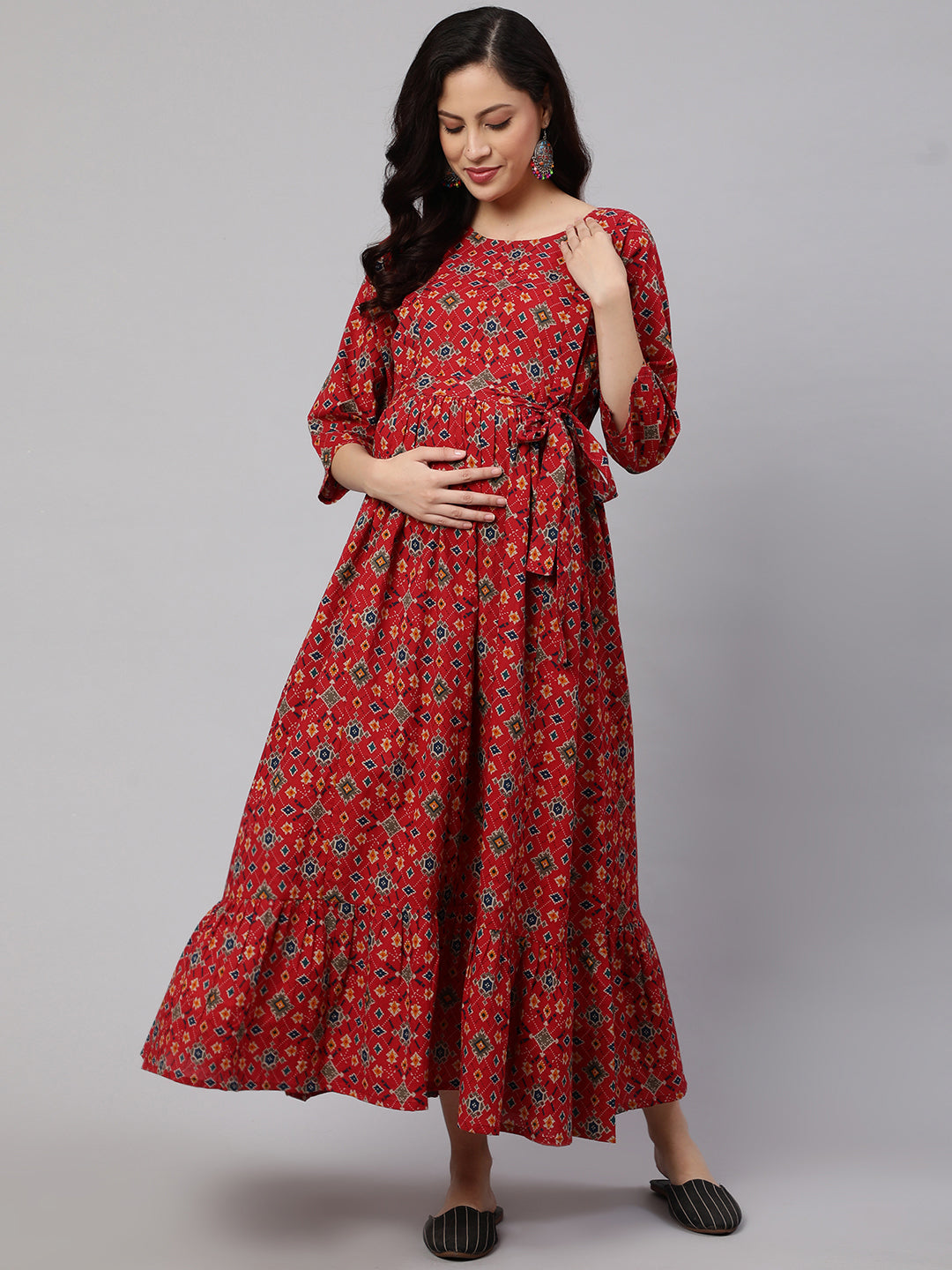 Women Maroon Printed Flared Maternity Dress | LASVINI - Redefining Indian Fashion with Elegance