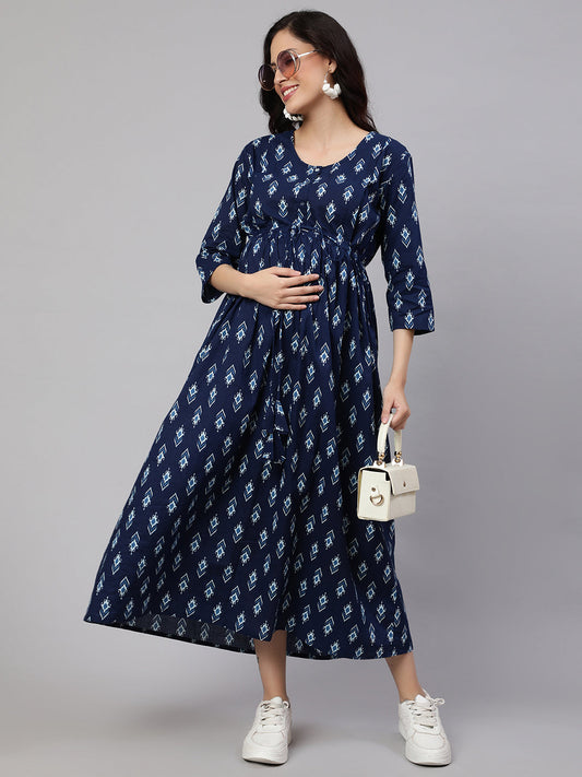 Women Blue Floral Printed Flared Maternity Dress | LASVINI - Redefining Indian Fashion with Elegance