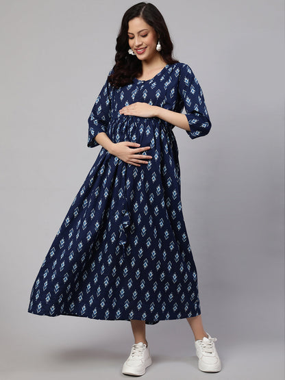 Women Blue Floral Printed Flared Maternity Dress | LASVINI - Redefining Indian Fashion with Elegance