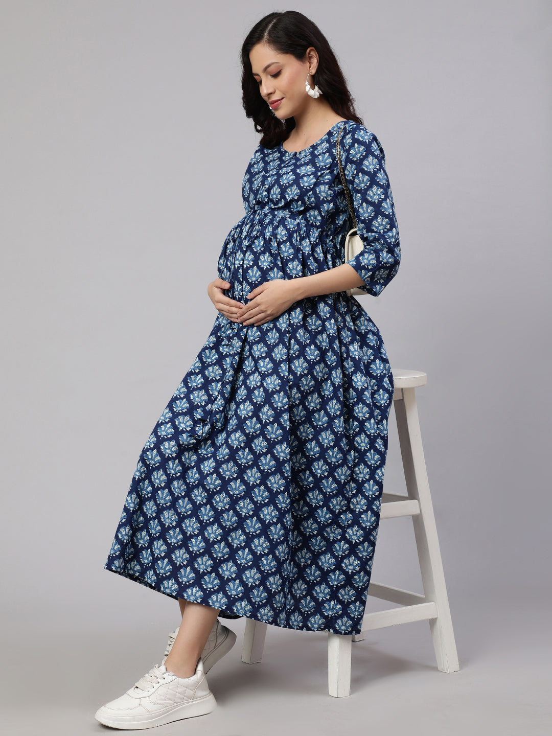 Women Blue Floral Printed Flared Maternity Dress | LASVINI - Redefining Indian Fashion with Elegance