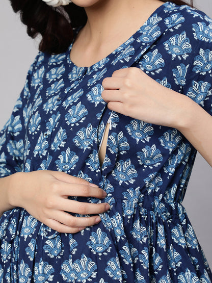 Women Blue Floral Printed Flared Maternity Dress | LASVINI - Redefining Indian Fashion with Elegance