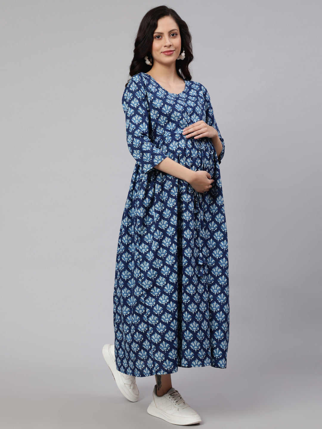 Women Blue Floral Printed Flared Maternity Dress | LASVINI - Redefining Indian Fashion with Elegance